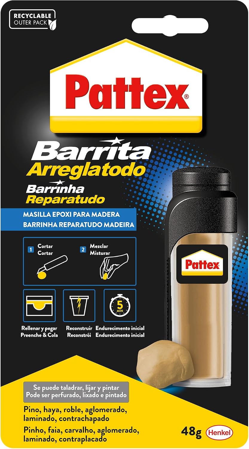 Pattex Barrita Arreglatodo, masilla bicomponente especial madera, pasta moldeable para pegar y reparar, resina epoxi barnizable y lijable para varias maderas, tubo 48 g