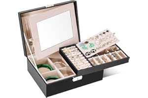 BNEHHOV Boîtes à Bijoux pour Femme 2 Couches Grande Capacité Mallette à Bijoux de Rangement de Bijoux en Cuir PU Plateau Amovible Boîte Organisateur pour Collier Boucle d'Oreille Bague avec Serrure et Miroir