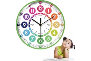 JEANNY 12” Colorful Wall Clock, Quiet Early Learning Wall Clocks, Learn The Time Children's Clocks, Early Development And Activity, For Classroom, Bedroom, Home-schooling, Learning Clock For Kids