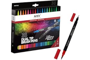 ARTIX PAINTS ARTIX Rotuladores Lettering, 36 Colores Surtidos, Brush Pens Punta Fina, Pincel Doble Punta, Marcadores Acuarelables, Especial para Lettering, Graffiti, Caligrafía, Dibujo, para Niños y Adultos (36)