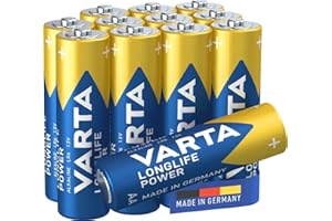 Varta Pila Longlife Power AA LR6 (paquete de 12 unidades), pila alcalina - «Made in Germany» - Adecuado para juguetes, linternas, mandos y otros aparatos que funcionan con pilas