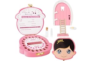 GEBETTER Caja Dientes de Leche Niña en Español + Puerta Pérez Ratoncito, Cajita Madera Guardar Dientes, Pinzas, Botecito, Puerta, Felpudo, Escalera, Queso y Plato, Regalo Niña 5 6 7 8 9 Años (Rosa)