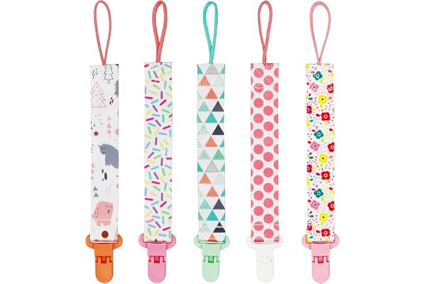 Attache Sucette, FenFang Attaché Tetine pour Bebe, Lot de 5 Pièces Chaîne de Sucette Multicolore Accroche Tétine Pince à Sucette pour Bébé Garçon et Fille (Rose)