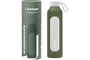 Wessper szklana butelka na napoje z silikonowym pokrowcem, butelka z borokrzemowego szkła z oznaczeniem czasu 1 litr, idealna do fitnessu, szkoły, sportu, dla dzieci – Oliwkowa