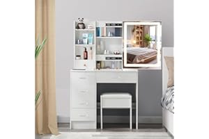 Guanglai Makeup Vanity Table with Drawers and LED Lights,White Vanity Desk Set with LED Mirror and Shelves, Dresser Desk and Stool for Girls Bedroom