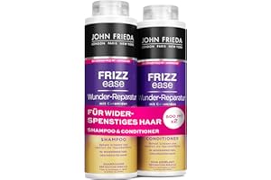 John Frieda Wunder zestaw szamponu naprawczego/odżywki – zawartość: 1 x szampon 500 ml i 1 x odżywka 500 ml – do ponownego napełniania – seria Frizz Ease – do niesfornych, zniszczonych włosów