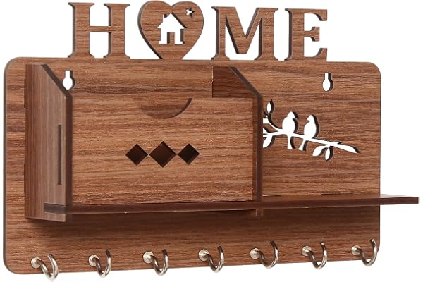 Webelkart Wooden Matte Finish Designer Home Side Wall Shelf, Key Holder with 7 Keys Hooks (Brown)- Home Decor Items, Diwali Decorations Items