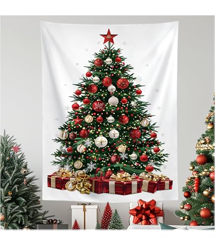 Tapisserie Murale De Noël Avec Guirlande LED - Sapin Et étoile Lumineuse - 150x200cm - Décoration Salon Chambre Blanc