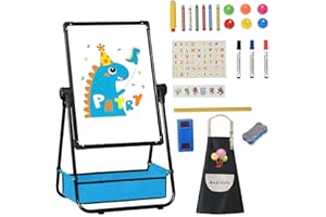 Mekidulu Easel kids,63cm-107cm Adjustable 360° Rotating-Double Sided Iron Kids Easel-with Apron, Alphabet Cartoon. Magnetic Whiteboard with Pencil and Eraser,Blackboard for kids.(Black)