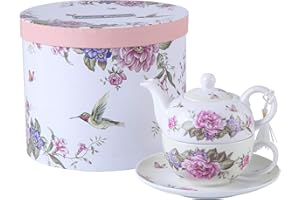 London Boutique Tea for One Teapot Tea Cup Saucer Set Gifts for Women Tea Set for 1 Flora Bird Rose Butterfly Porcelain Gift for Her (Beige/Cream)