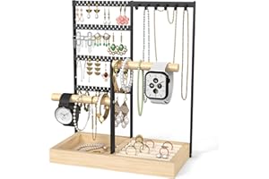 ADWOLT Stojak na biżuterię, uchwyt na naszyjnik, 4-poziomowa wieża na biżuterię, uchwyt na pierścionki, stojak na naszyjniki, wyświetlacz z półką na kolczyki i otworami, naszyjniki do zawieszenia,