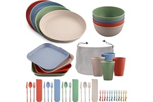 FUNYKICH 44pcs Camping Geschirr Set für 4 Personen, Leicht & Unzerbrechlich & Wiederverwendbar Geschirrsets mit Schüssel, Teller, Esslöffel, Essgabel, Becher und Taschen für Picknick, Camping