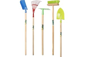 Agrarflora Kinder Gartengeräte Set 5-teilig - stabiles Gartenpielzeug aus Metall und Holz - kindergerechtes Gartenwerkzeug für Draußen - Rechen, Fächerbesen, Schaufel, Spaten und Besen
