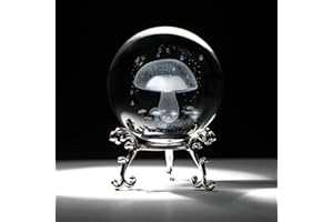 HDCRYSTALGIFTS 3D Mushroom Crystal Ball 60mm Laser Engraved Decorative Ball Glass Sphere with Stand Paperweight Mushroom Figurines Gifts for Women Friends Room Table Decor