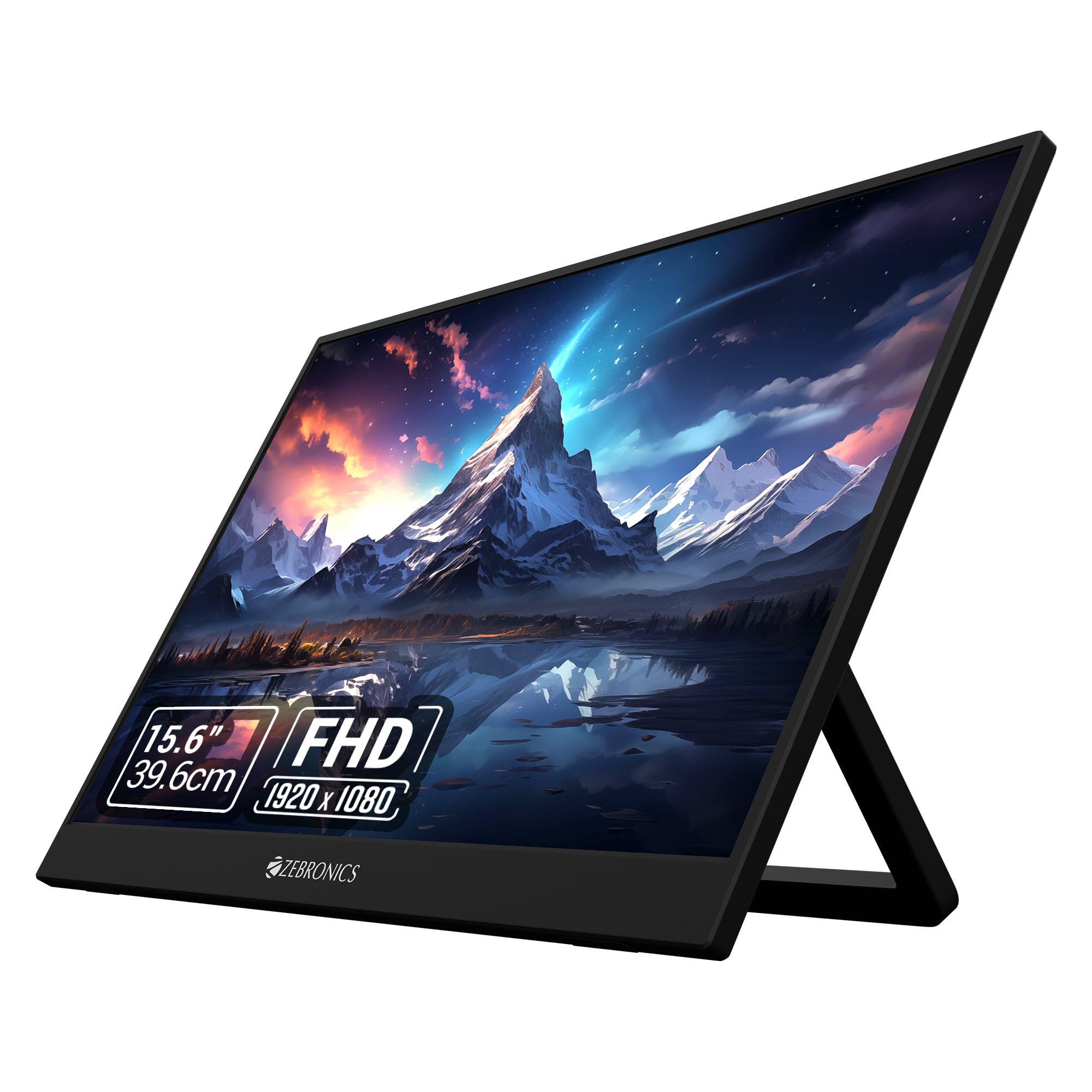 ZEBRONICS Pixigo A16, 15.6 inch Portable Monitor, FHD 1080p, 180° Adjustable Stand, Lightweight, 16:9 Aspect Ratio, 300Nits, 16.7M Colors, Dual Input - Type C + Mini HDMI, Built-in Speakers