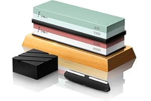FINEW Set Pietra per Affilare, 2-in-1Affilatore Set di Pietre da affilarePietre Abrasive Double-Face 400/1000 3000/8000 Grana, con Base in bambù Antiscivolo, Pietra per spianare, Guida angolare