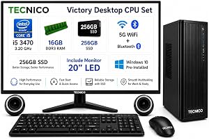 TECNICO Desktop CPU Set, Core i5-3470 3.2GHz, 16GB DDR3 RAM, 256GB SSD | Keyboard Mouse Set, WiFi 6, Bluetooth, Speakers, Include Monitor 20" Led