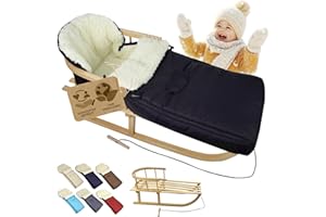 ‎BAMBINIWELT BY RAFAEL K. BambiniWelt Holzschlitten mit Rückenlehne & Zugseil + Winterfußsack 108 cm – warme Lammwolle, wasserabweisend – Kombi-Set für Kinderwagen & Buggy
