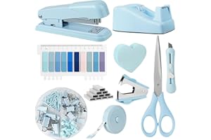 OFFCUP Set di Cancelleria, con 1000 Punti Set di Cucitrici, Set di Forbici Dispenser Levapunti, Foglietti Adesivi a Dieci Colori, Set di Clip, Metro a Nastro, per Casa, Ufficio（Blu）