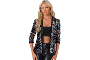 Allegra K Veste Blazer Élégante à Sequins pour Femmes Cardigan à Paillettes Manches 3/4 pour Soirée Gilet Brillante Costume de Fête