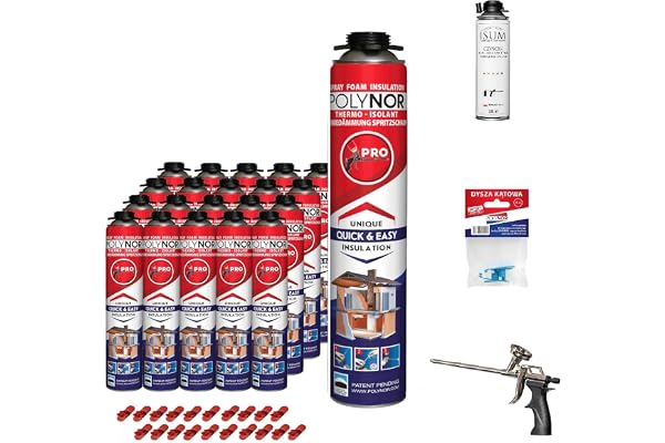 POLYNOR PUR-värmeisolering i burk PRO – Komplett set – 20 skumpatroner – Skumpistol – Sprutbar värmeisolering – Isolering av väggar, tak, innertak och rör – Aerosolburk 750 ml