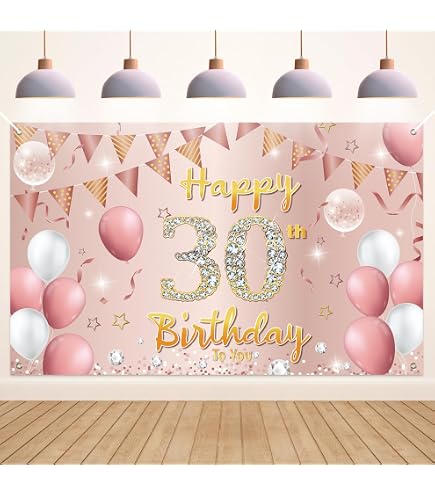 Striscione 30° Compleanno Rosa Oro 90x180 Cm - Poster Decorativo Con Tema 30 Anni Per Festa, Sfondo Per Foto E Benvenuto