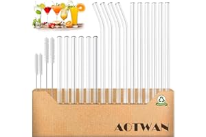 YINVA Glass Straws 20 Pack,Size 8.5''x10MM and 6''x10MM,Glass Straws Drinking,Eco Friendly Including 12 Straight and 4 Bent with 4 Brushes,Reusable Straw for Cocktail,Juice