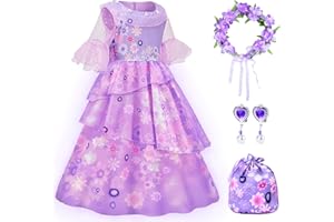 JONRRYIN Isabela Déguisement Costume, LED Costume de Princesse Fille avec Boucles d'oreilles Anneau de Fleur Sacoche, Robe de Princesse Fée pour Carnaval Halloween Anniversaire Fête Cosplay