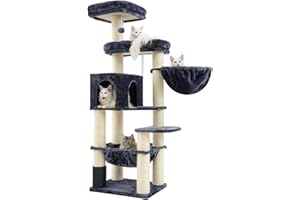 Hey-brother Duży drapak dla kota Maine, 168 cm, dla dużych kotów, z bardzo dużym hamakiem, słupkami sizalowymi (śred. 11 cm) i grzebieniem, 2 platformy, jaskinia, kosz, szary dymny EMPJ01G