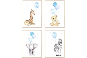 MeinBaby123® Lot de 3 posters pour chambre d'enfant,Format A4,Papier peint,Motif animaux,Décoration de chambre de bébé,Affiche murale de qualité supérieure (animaux et ballons bleu)