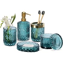 Set Accessori Bagno 5 Pezzi In Vetro - Dispenser Sapone, Barattolo Cotone, Portasapone, Bicchiere E Portaspazzolino - Tema Sirena