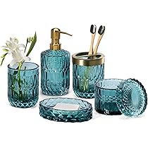 Set Accessori Bagno 5 Pezzi In Vetro - Dispenser Sapone, Barattolo Cotone, Portasapone, Bicchiere E Portaspazzolino - Tema Sirena