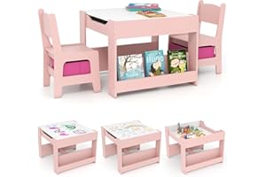 COSTWAY Tavolino Bambini 4 in 1, Set Tavolo e 2 Sedie con Lavagna Rimovibile, Librerie e Scatola in Tessuto, Mobile Salvaspazio per Scuola, Asilo e Cameretta per 3+ Anni (Rosa)