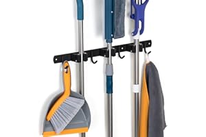 Damita Colgador escobas y fregonas soporte escobas pared adhesivo, Acero inoxidable antideslizante para Cocina Baño Jardín - escobero pared (Negro, 3 Posiciones y 4 Ganchos)