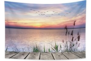 YongFoto 180x160cm Été Tapisserie Bord de mer Roseau Oiseaux Tenture Coucher de Soleil Parquet Tapisseries pour Dorm Chambre décor Art Mural Nappe Tapis Jet de Plage