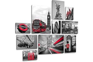 Giallobus - Ensemble de 10 peintures Multi-Panneaux - London in Red - Bois MDF - | 2 x 42x29,7cm | 4 x 29,7x21cm | 4 x 21x14,85cm | - Prêt à accrocher - Tableaux