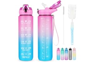 AOHAN Butelka na wodę ze słomką 1 l, sportowa, z oznaczeniem czasu, nietoksyczna, plastikowa, PCTG szczelna, motywacyjna, ze szczotką do czyszczenia, do aktywności na świeżym powietrzu