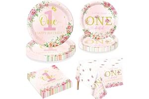 QUERICKY Floral 1st Birthday Party Decorations for 20 Guests, Include Little Miss Onederful Paper Plates, Happy 1st Birthday Tablecloth, Napkins, 1st Birthday Supplies for Girls First Birthday Party Decor