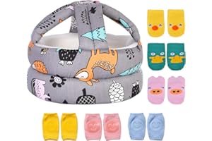 Umtiti Baby Adjustable Safety Helmet, Lightweight and Soft, Infant Head Protector with 3 Pairs Baby Knee Pads for Crawling & 3 Pairs Baby Socks, Soft Head Guard for Baby. Forest,Gray+6