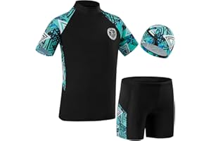 KAKU NANU 3 Pieces Maillot de Bain Enfant Garcon Anti UV 5-14 Ans Manches Courtes Bonnet Piscine Enfant Short de Bain