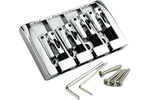 Guyker Puente para bajo, 4 cuerdas fijas, espacio para cuerdas, 19 mm, repuesto para bajo de jazz o instrumentos de precisión (GB404, cromado)