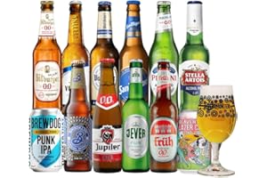 BEER HUNTER Alcohol Free Mixed Beer Case Non Alcoholic Craft Beer Gift Set 12 Pack with Glass (Erdinger, Brewdog, Jever, Jupiler, Fruh, Brooklyn)