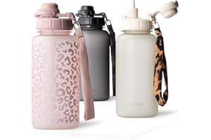 MAMEIDO Gourde avec Paille 1 l, Marqueur de Temps de Motivation, Gourde Sport avec Dragonne, Gourde étanche, Bouteille d'eau sans BPA, Water Bottle (Wild Candy)