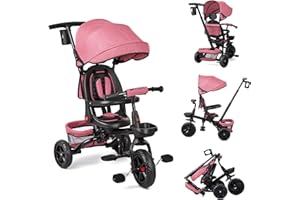 PORTOALEGRE 6 in 1 Triciclo Evolutivo per Bambini da 10 Mesi a 5 Anni, Bicicletta Passeggino per Bambini con Sedile Reversibile Parapole e Pedale, Triciclo per Bambin Pieghevole (Rosa)