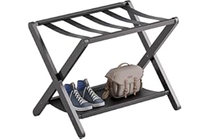 vovala Portapacchi, portavaligie pieghevole con ripiano, portabagagli in bambù premium per camera degli ospiti, camera da letto, hotel, armadio, può contenere fino a 61 kg (Nero)