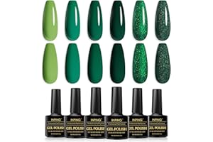 INPING Lot de 6 vernis à ongles en gel, vert foncé et matcha à paillettes, collection vert forêt brumeux, séchage UV ou LED, 8 ml
