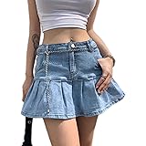 Y2K Jupe mi-longue en jean plissée pour femme Taille haute Fermeture Éclair Style années 90 Couleur unie - Bleu - 36