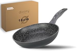 DIVORY Bratpfanne 16cm kein Induktion – Antihaft Beschichtete kleine Universalpfanne für alle Herdarten - Sichere Griffe (Graues Holz, 16cm)