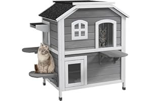 Casa para Gatos PawHut con tejado de Asfalto, caseta Exterior para Gatos con escaleras, Chalet para Gatos de 2 Plantas, Impermeable, jardín, Madera de Abeto, Gris, 78 x 55,5 x 91 cm