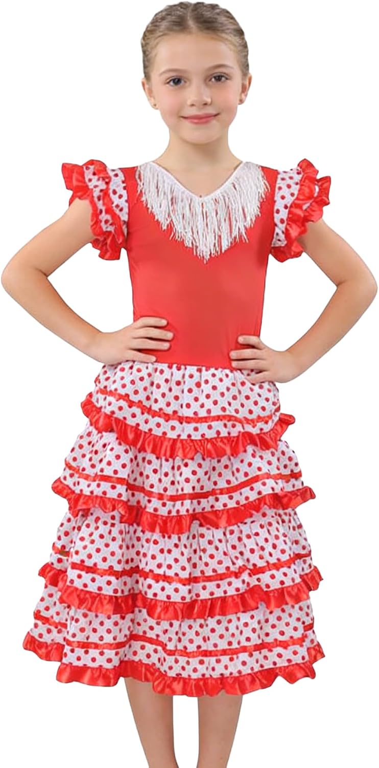 Wildarms Disfraz de Sevillana Niña - Vestido Flamenca Infantil con Volantes y Lunares - Traje Tradicional Andaluz para Feria, Carnaval y Baile